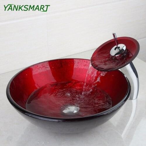 YANKSMART Round Red Washroom Basin Vessel Vanity Sink& Bathroom Mixer Tempered Glass Basin Sink Washbasin Faucet Set With Drain