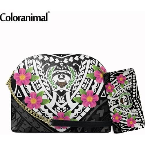PU Leather 2Pcs Crossbody Bag With Wallet Fashion Pohnpei Polynesian Plumeria Printed Women Shell Bag PU Leahter Shoulder Bolsa