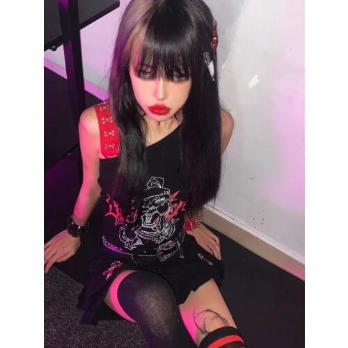 Ruibbit Gothic Punk Print Backless Casual Hot Girl Top Streetwear Summer Sexy Women Black Slim Oblique Shoulder Vest