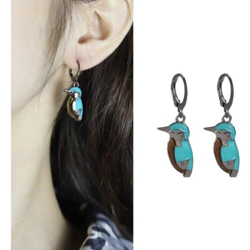 Vintage Little Bird Long Drop Earring for Women Boho Jewelry Natural Blue Turquoise Puck Stud Turquoises Stone Hanging Earrings