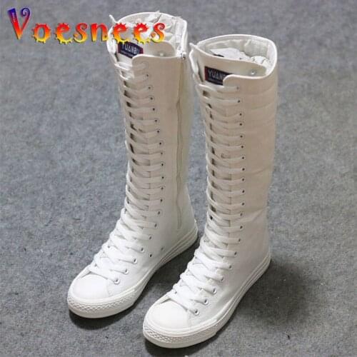 Voesnees Canvas Women Shoes 2021 Fashion Lace-Up Students Boots New Zipper High-top Female Boots Pointed Toe Ladies Dance Shoes