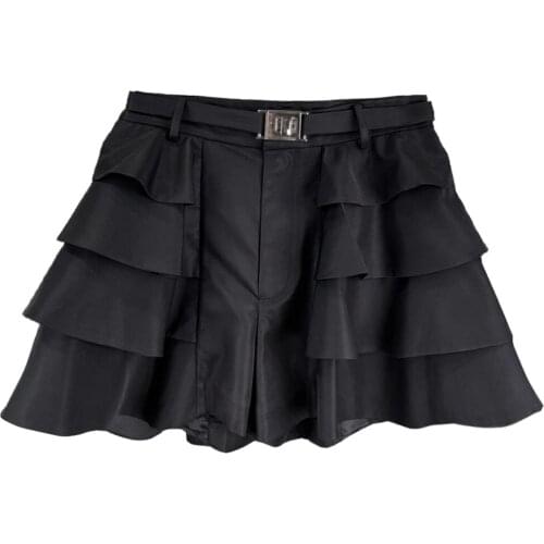 European Summer New Layered Ruffled A-line Design Sense Black High Waist Cake Skirt Pants Women Fashion Streetwear 2021