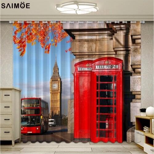 Modern London City Printed Curtains Window Curtain Red Telephone Drapes for Living Room Bedroom Decor