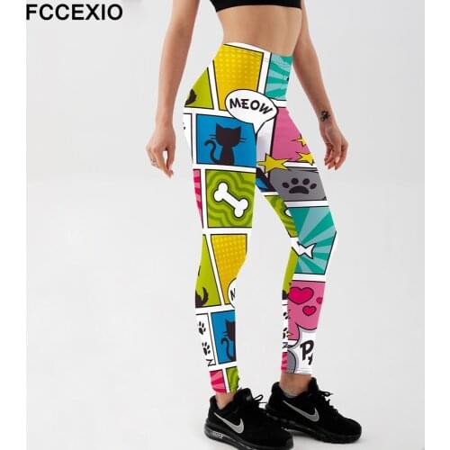 FCCEXIO Women Leggings High Waist Fitness Legging Square Cat Bones Print Leggins Female Pants Workout Leggings Slim Trousers