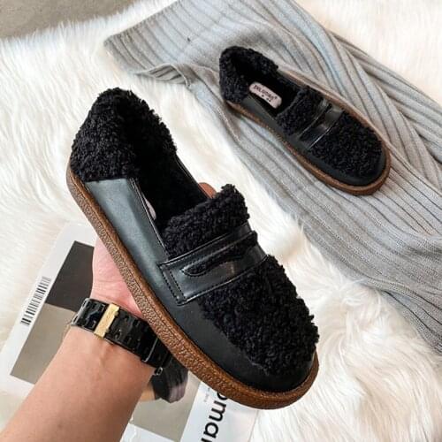Creepers Lambswool loafers femme winter cotton shoes woman slip on patchwork fur flats dames cashmere moccasins plus size 34-43