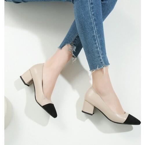 2021 spring Women High Heels Square Heel Women Pumps Pointed Toe Stitching cloth Fashion Ladies Office Work Shoes size 32-43