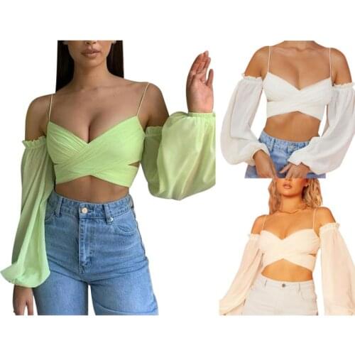 Women Lantern Sleeve Crop Tops Sexy Off Shoulder Spaghetti Strap Cross Wrap T-Shirts