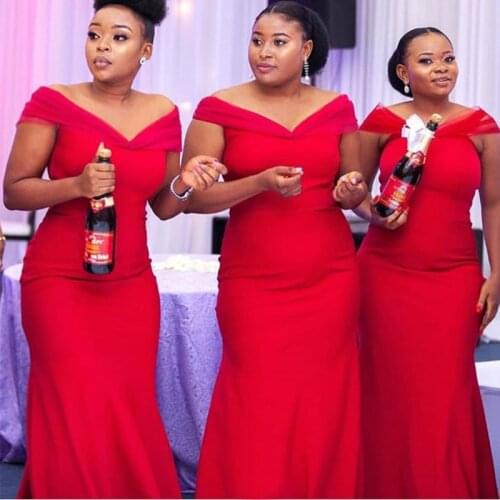 Off Shoulder African Bridesmaid Dress Mermaid Style Red Elastic Satin Long Robe De Soiree Simple Cheap Maid Of Honor Party Dress