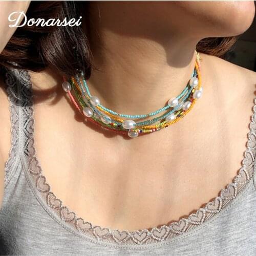 Donarsei Bohemia Handmade Colorful Seed Beaded Necklace For Women Fashion Simulated Pearl Chokers Necklace Gift