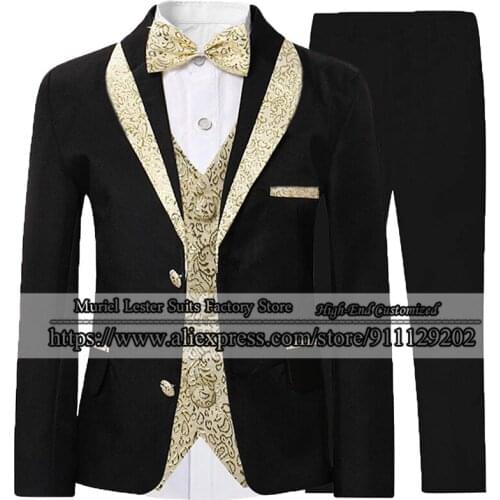 Gold Floral Shawl Lapel 3 Piece Suit Boys For Wedding/Dinner/Party Blazers Custom Made Slim Fit Kids Groom Wear Tuxedos Children