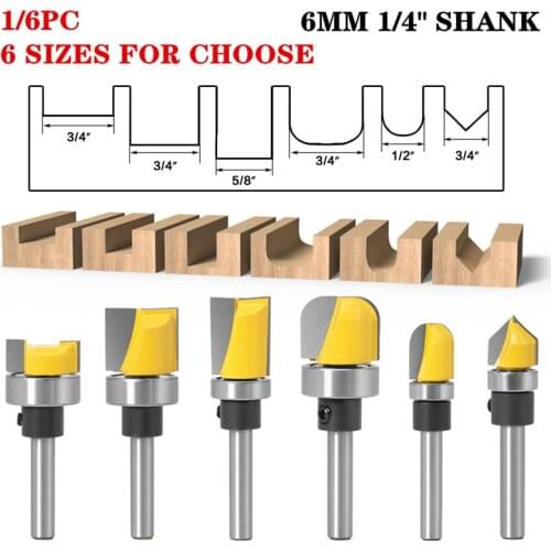 6pcs V Groove Router Bit For Wood Round Nose Milling Cutter Carbide Bottom Cleaning Bit Flush Trim Bit - 6mm 6.35mm Shank