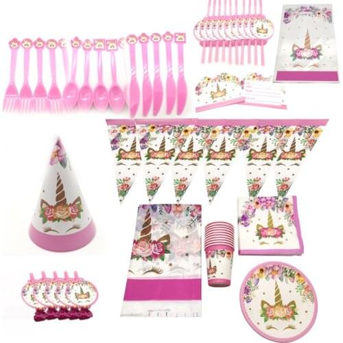 135pcs/lot Unicorn Theme Birthday Party Decorate Tableware Set Tablecloth Plates Cups Hats Bags Straws Baby Shower Napkins Flags