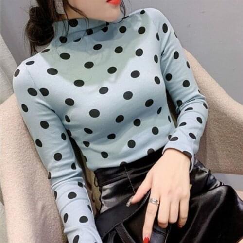 2021 New Spring Autumn Wave Point T Shirt Women Elastic Basic Round Neck Casual Loose Tops Long Sleeve Women T-shirt Y213