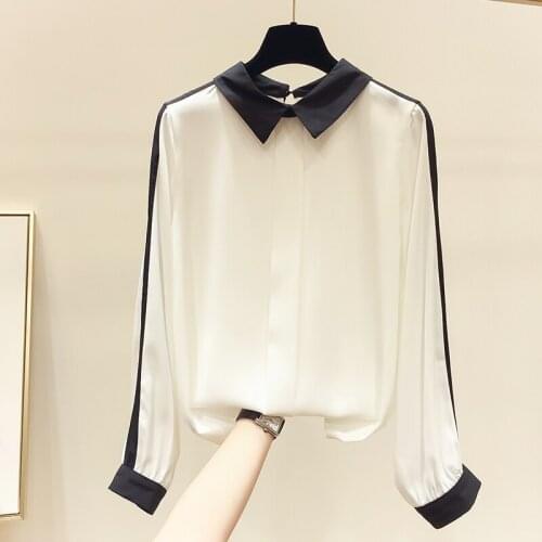 White And Black Patchwork Chiffon Women Blouse Summer New 2021 Turn-Down Collar Long-Sleeved Elegant Office Lady Pulls Tops
