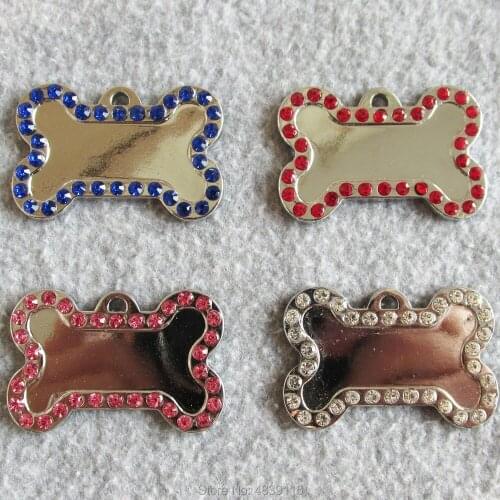 100pcs/lot Zinc Alloy Bone Pet Dog ID Tags Inlaid with Bling Stones on Face and Back is blank