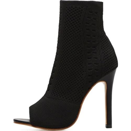 Beige Green Ladies Open Toe Short Boots Elastic Ankle High Heels Boots Small Hole Hollow Out Breathable Dress Women Boots Pumps