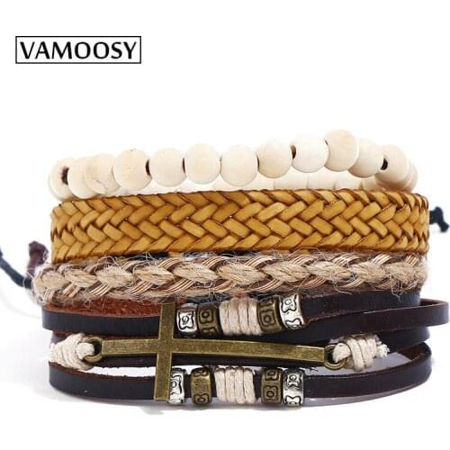 Christmas 2018 Fashion Punk Genuine Wrap Leather Bracelets Men For Women Charm Wood Beads Bracelets Cuff Jewelry Accessories