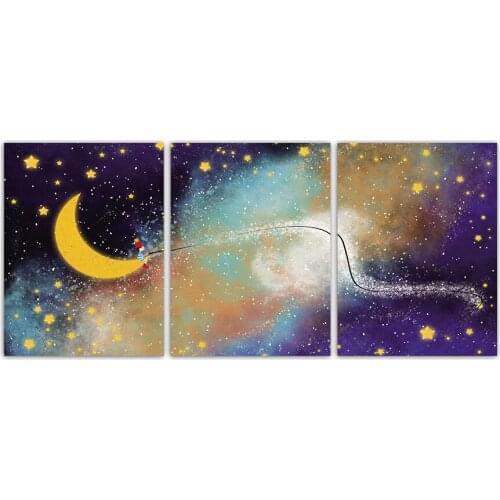 Purple starry sky Wall Art Canvas Painting Posters and moon Prints Nordic Kids Decoration Picture Baby Bedroom Decor