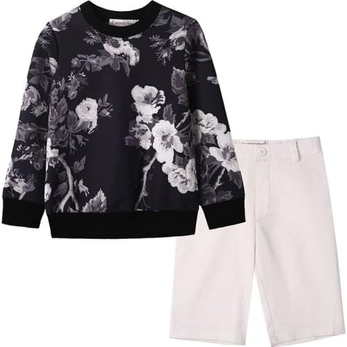 Boy Two Piece Set Back and White Fall 2021 Kid Children Casual Outdoor Outfit Flower T Shirt Shorts Size 2 3 5 7 9 Years Old
