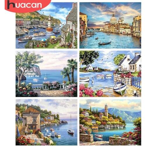 HUACAN 5d Diamond Painting Town DIY Mosaic Landscape Full Square Drill Diamond Embroidery House Sea Home Decor Needlework