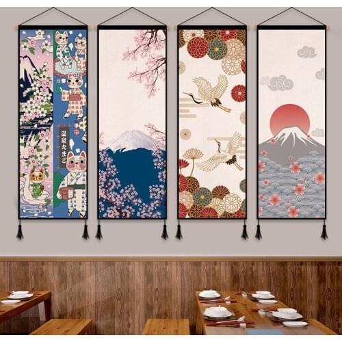 Japanese Style Fortune Cat Wall Paintings Fujiyama Scroll Painting Room Decor Aesthetic Tapestry Living Room Bedroom Decoration