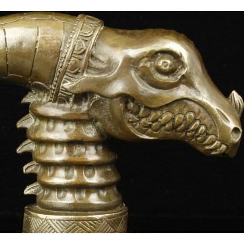 Collectible Old Handwork Carving Bronze Monster Statue Cane Head Walking Stick