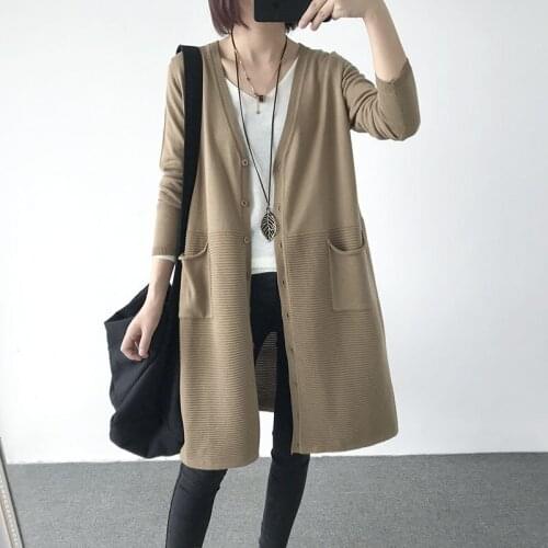 LDKVGSU Women Casual Long Sweaters V-Neck Long Sleeve 2021 Autumn New Solid Color Pockets Button Female Korean Cardigan Sweaters