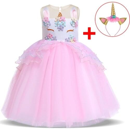 2021 Free Headband Summer Easter Unicorn Dress Kids Dresses For Girls Party Children Toddler Girl Clothes Princess Dress L5066