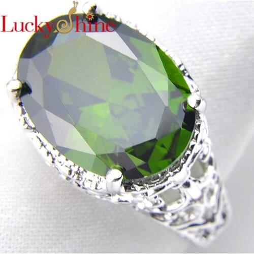 Luckshine Fashion Vintage Rings Oval Olive Green Crystal Zircon the Rings For Woman and Men Silver Ring Size 7 8 9