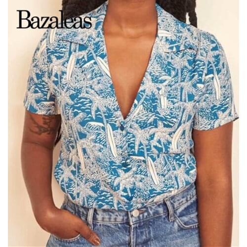 Bazaleas Fashion Blue Floral Print blouse women harajuku Tirn Down Collar shirt Vintage Short Sleeve Blouse Chic mujer