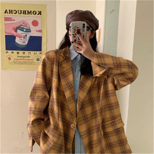 New Vintage Yellow Plaid Cool Suit Coat Spring Autumn Korean Preppy Style Casual Loose Soft Single Breasted Blazers Female