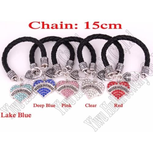 New styles antique silver plated plated SISTER IN CHRIST Crystal Heart charm with 15cm leather Lobster claw clasps Bracelet