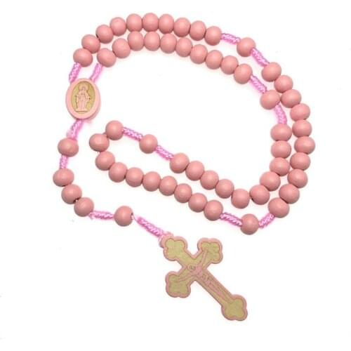 Colorful wooden bead rope rosary, hand knit cord rosaro religions Necklace with laser engraved centerpiece and cross