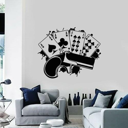 Poker Vinyl Wall Decal Playing Cards Risk Gambling Gun Luck Window Glass Sticker Art Mural Bedroom Man Cave Home Decor S1056