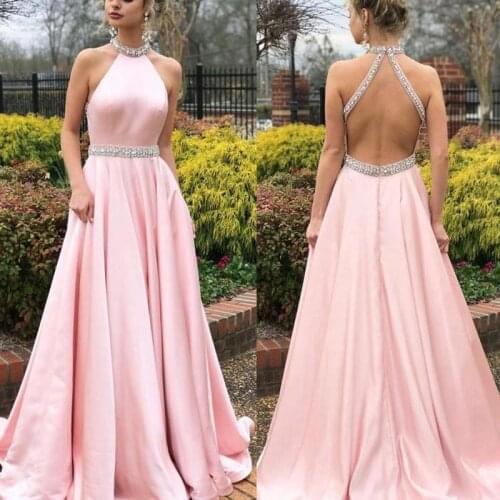 Pink Evening Dresses 2019 Latest Halter A Line Floor Length Prom Dress Crystal Beaded Satin Backless Formal Party Gowns