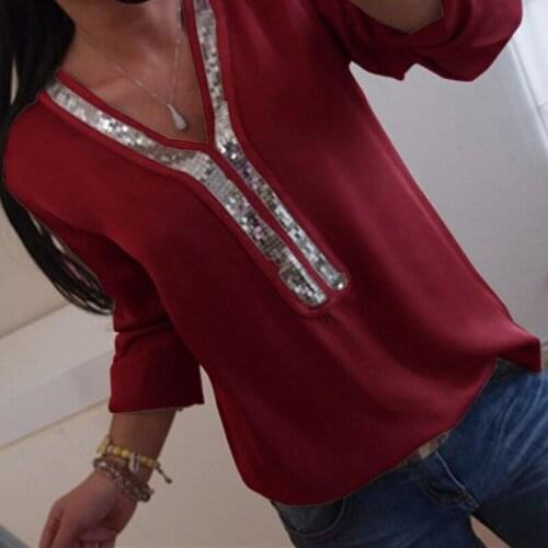 Plus Size S-5XL shirts Women Sexy V-neck Sequins Chiffon Blouse Shirt Spring Summer Elegant Office Lady Blouses Tops