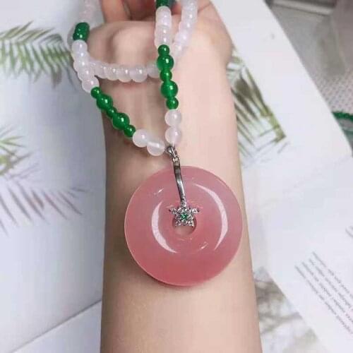 S925 pure silver natural pink agate jade silver safety buckle Pendant