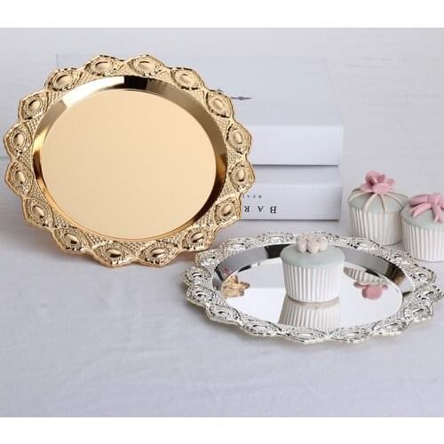 Silver Golden Storage Tray Fruit Cake Mirror Glass Round Plate Snack Jewelry Display Tray Wedding Party Supplies Kitchen Storage