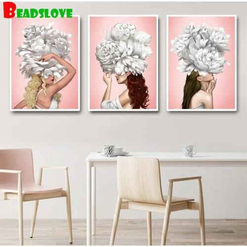 Triptych Diamond Painting Full Square Round Diamond Embroidery Modern White Flower Girl Elegant Nude Woman DIY Diamond Mosaic