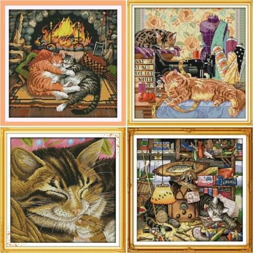 HUACAN Cross Stitch Cat 11CT 14CT Chinese Embroidery Animal Thread Sets White Canvas Needlework Handicrafts Decoration