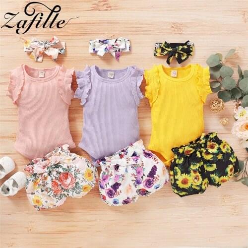 ZAFILLE Baby Girl Clothes Set Knitted Cotton Ruffle Romper+Bowknot Shorts 3pcs Kids Suit Toddler Girls Outfits Newborn Clothing