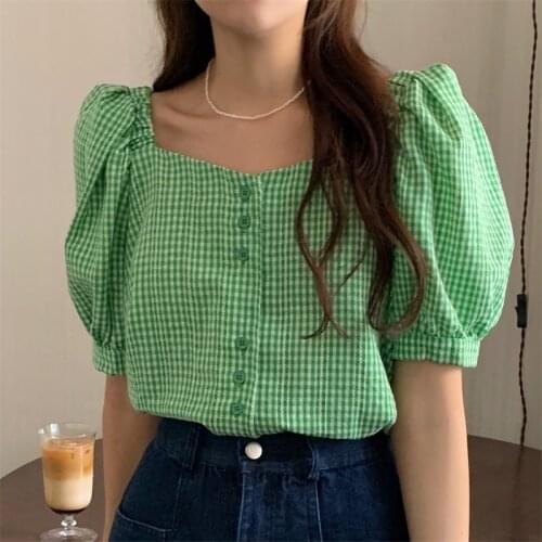 Alien Kitty Summer Green Plaid Chic Casual Korean 2021 Square Collar Geometric High Waist Streetwear Femme Vintage OL Blouses