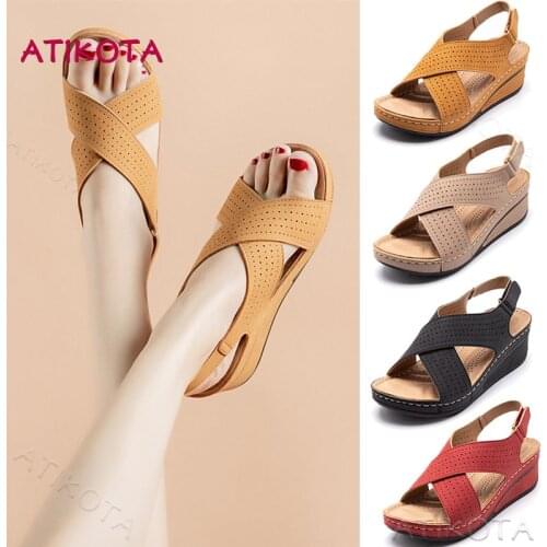 Atiktoa Summer Women Wedges Sandals Hollow Sewing Pu Leather Ladies Casual Sandal Retro Comfortable Shoes