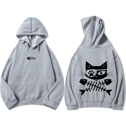 Harajuku Hooded Sweatshirts Femme Fish Bone Cat Print Hoodies Drawstring Pullover Long Sleeve Winter Cotton Kawaii Oversize Coat