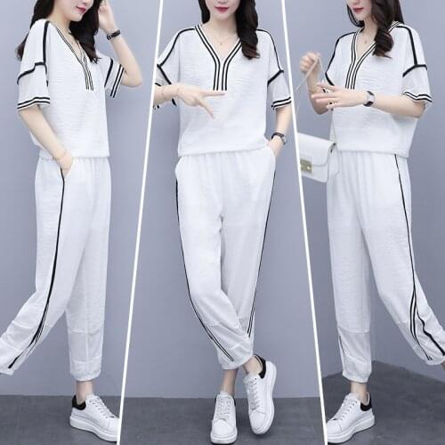 Large Size Womens Suit New Summer Short-sleeved Pullover Shirt V-neck Nine-point Pants Western Fashion Thin Two-piece suit Z540