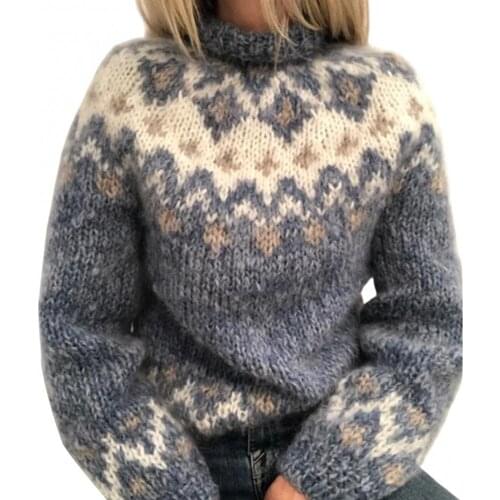 Plus Size Women Pullover Sweater Fashion Vintage Turtleneck Knitted Sweater Jacquard Weave Long Sleeve Jumper Warm Pullover