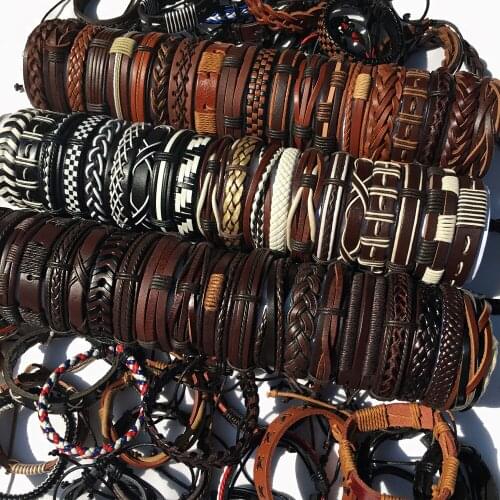 Wholesale Sets 50Pcs Black&Brown&White Mix Styles Braided Ethinc Tribal Leather Bracelets For Men Women (Random 50pcs ) MX11