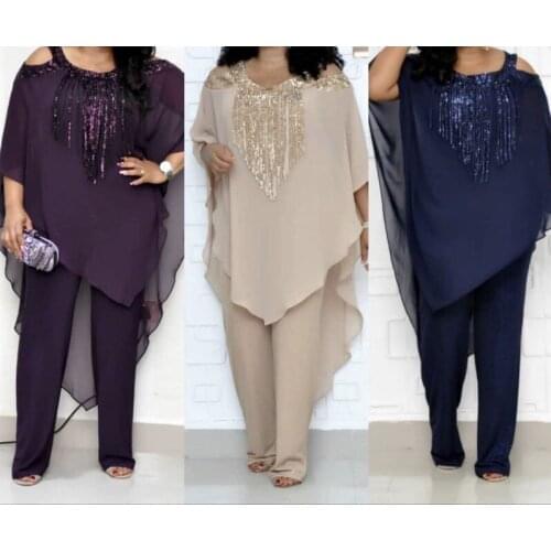 African Sets For Women New Sequined African Elastic Bazin Baggy Pants Rock Style Dashiki Batwing Sleeve Famous Suit for Lady