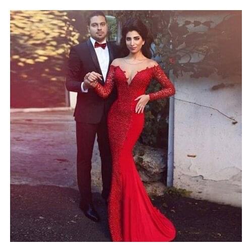 Long Evening Dresses Red Mermaid Sheer Long Sleeves Appliques Round Neck Floor Length With Train Formal Night Long Gowns
