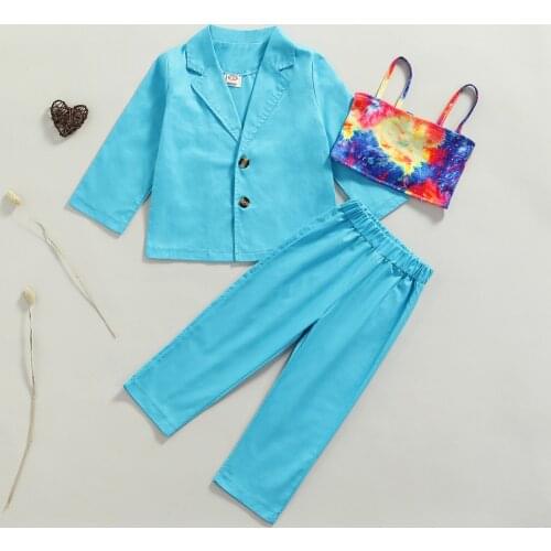 FOCUSNORM 2-7Y Fashion Kids Girls 3pcs Clothes Sets Tie-Dye Printed Sleeveless Vest+Solid Button Jacket+Long Pants